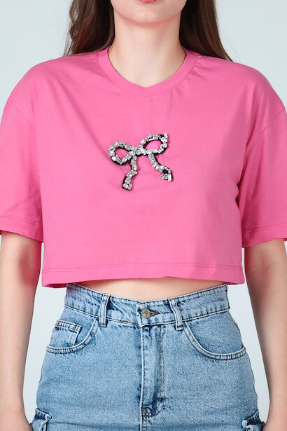 Kadın Bisiklet Yaka Taşlı T-shırt  Pembe 6