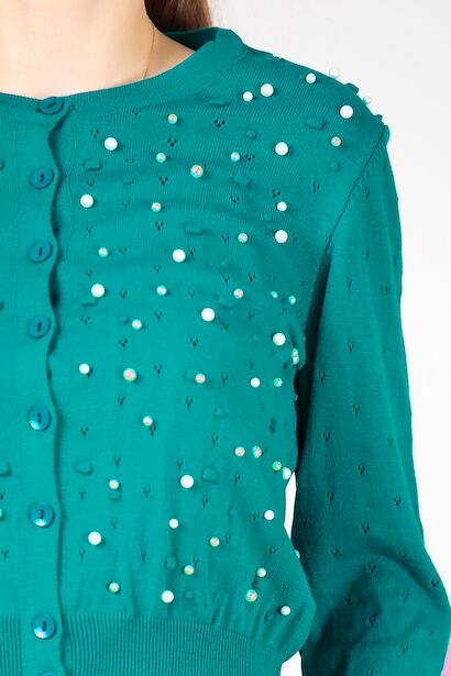 Kadın Kısa İncili Hırka  Petrol 6