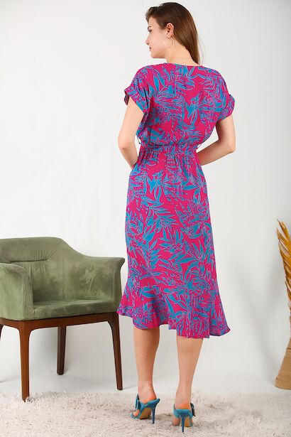 Dokuma Vizkon Ön Kısa Arka Uzun Kadın Elbise  Fuşya 6