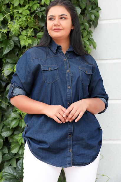 Büyük Beden Kol Katlamalı Kot Gömlek 