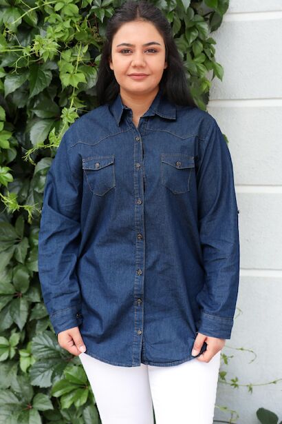 Büyük Beden Kol Katlamalı Kot Gömlek  Lacivert 6