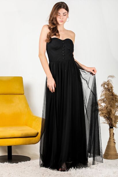 Kadın Straplez Tül Abiye  Siyah 4