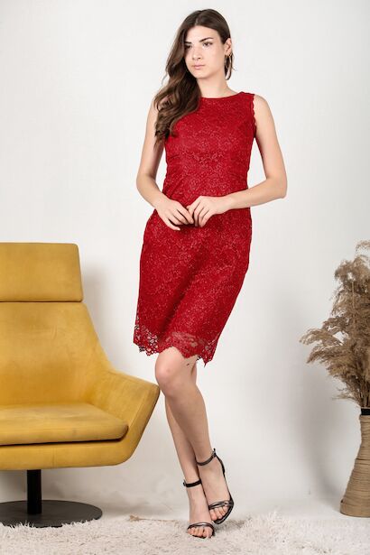 Kadın Simli Dantel Kısa Abiye  Kırmızı 4