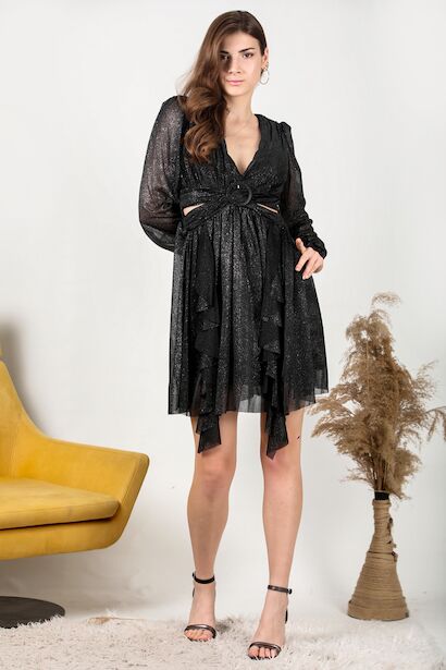 Kadın Eteği Fırfır Elbise  Siyah 4