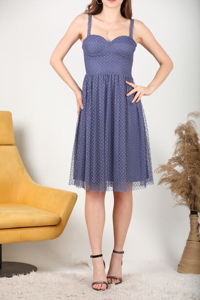 Kadın Puantiyeli Tül Elbise İndigo 6