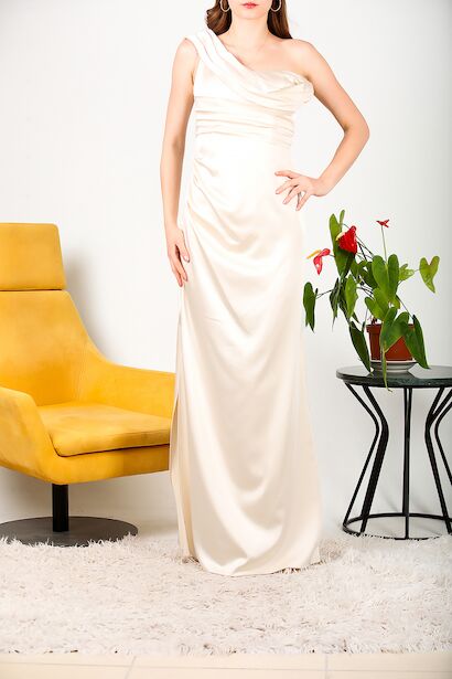 Kadın Tek Omuz Saten Abiye Krem 6
