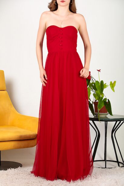 Kadın Straplez Tül Abiye  Kırmızı 6