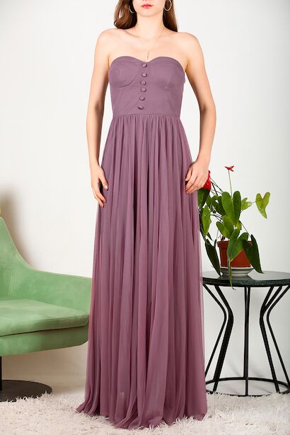 Kadın Straplez Tül Abiye  Mor 6