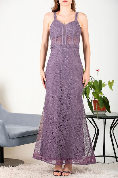 Kadın Dantel Uzun Abiye Mor 6