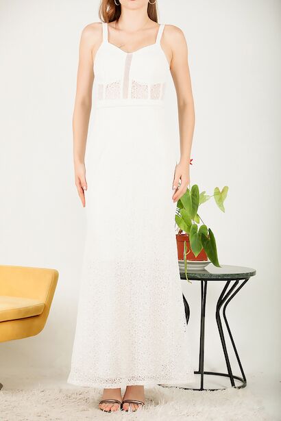 Kadın Dantel Uzun Abiye Ekru 6
