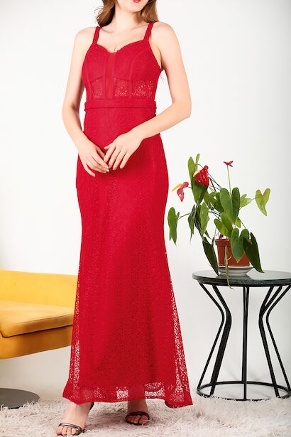 Kadın Dantel Uzun Abiye Kırmızı 4