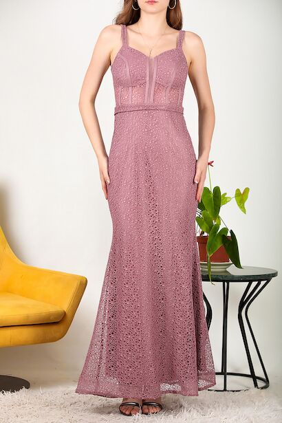 Kadın Dantel Uzun Abiye Gül Kurusu 6