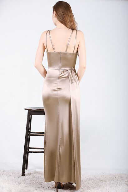 Kadın Saten Uzun Abiye  Vizon 6