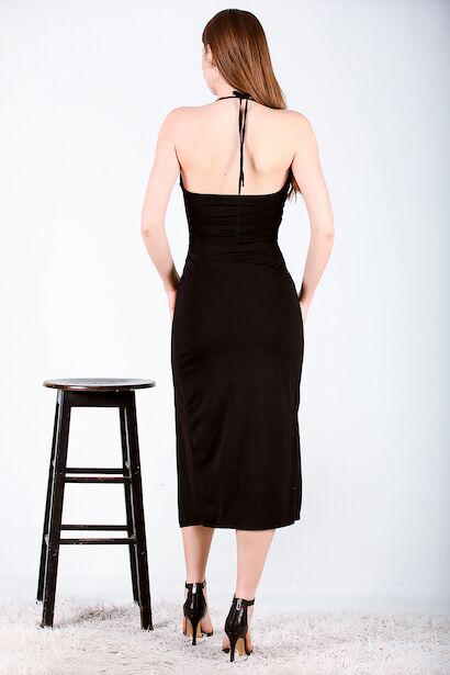 Kadın Boyundan Bağlamalı Midi Boy Elbise Siyah 6
