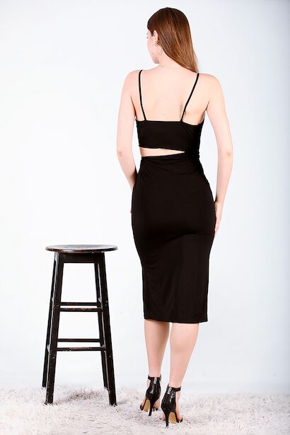 Kadın Göbek Dekolteli Midi Boy Elbise  Siyah 6