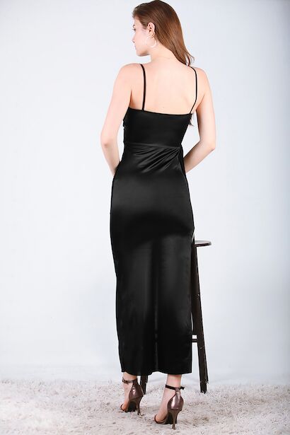 Kadın Saten Midi Boy Abiye elbise Siyah 6