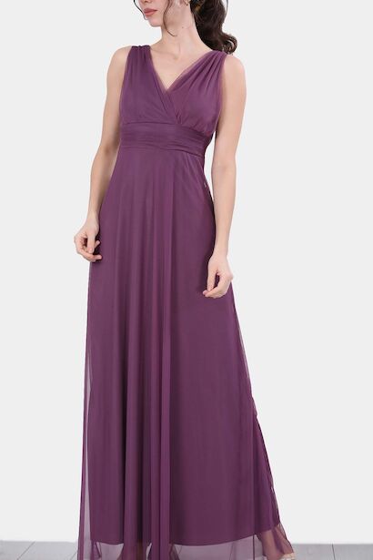 Kadın Tül Uzun Abiye Elbise Mürdüm 6