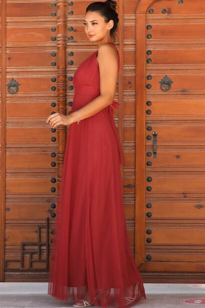 Kadın Tüllü Uzun Abiye  Kırmızı 6