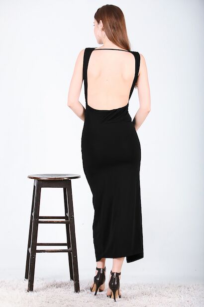 Kadın Sırt Dekolteli Midi Boy Elbise Siyah 6