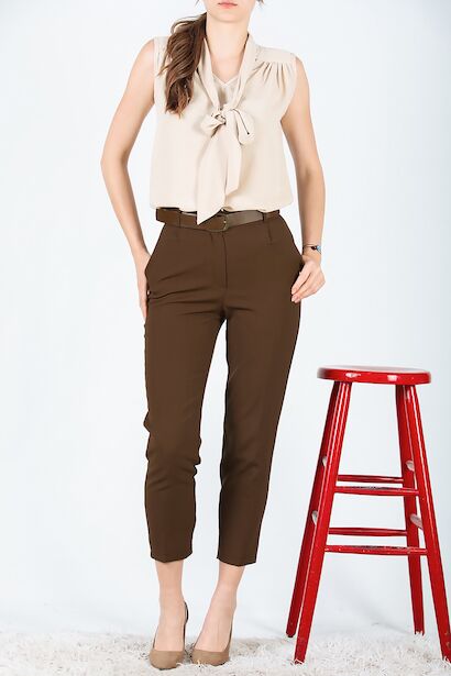 Kadın Kemerli Pantolon  Kahverengi 6