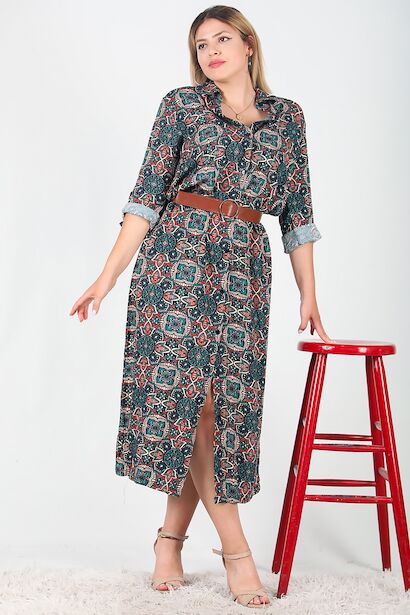 Büyük Beden Gömlek Yaka Uzun Elbise 