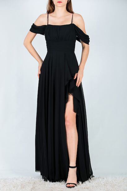 Kadın Şifon Uzun Abiye Elbise  Siyah 6