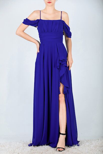 Kadın Şifon Uzun Abiye Elbise  Saks 6