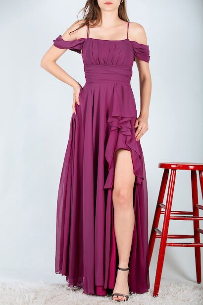 Kadın Şifon Uzun Abiye Elbise Mürdüm 6