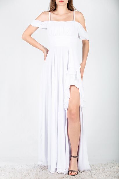 Kadın Şifon Uzun Abiye Elbise  Beyaz 6