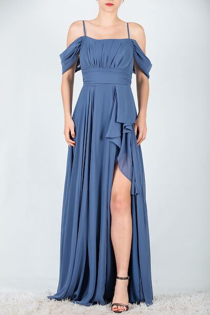 Kadın Şifon Uzun Abiye Elbise  İndigo 6