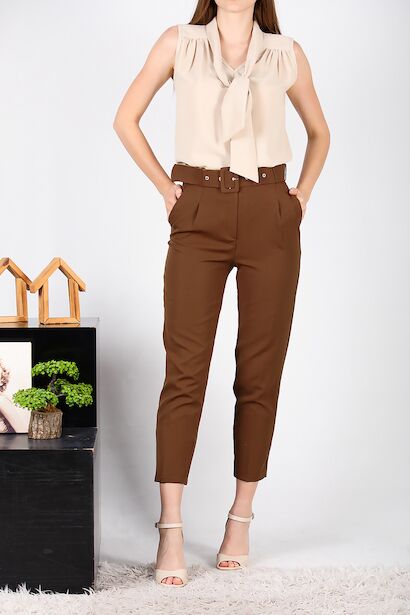 Kadın Kaplamalı Kemerli Pantolon  Kahverengi 6