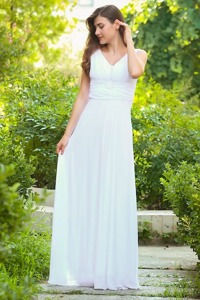 Kadın Bel Tokalı Uzun Şifon Abiye Elbise 