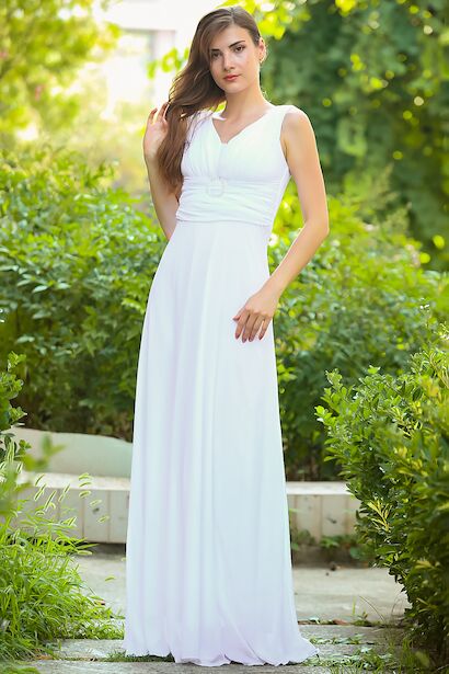 Kadın Bel Tokalı Uzun Şifon Abiye Elbise  Ekru 6