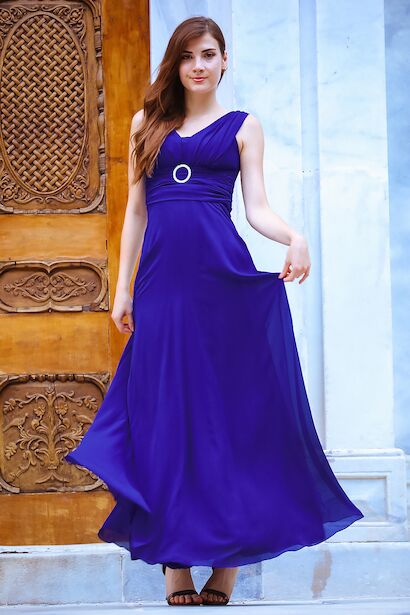 Kadın Bel Tokalı Uzun Şifon Abiye Elbise  Saks 6