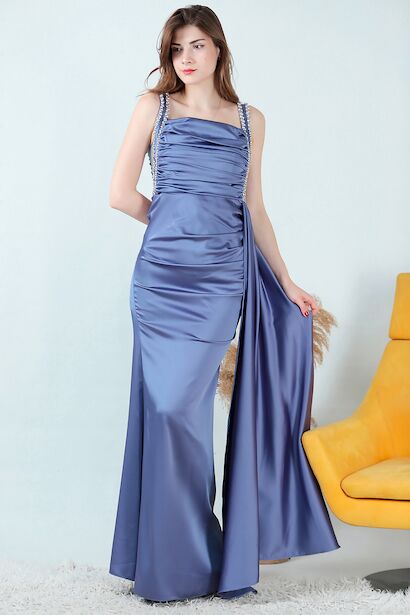 Kadın Taşlı Saten Uzun Abiye 