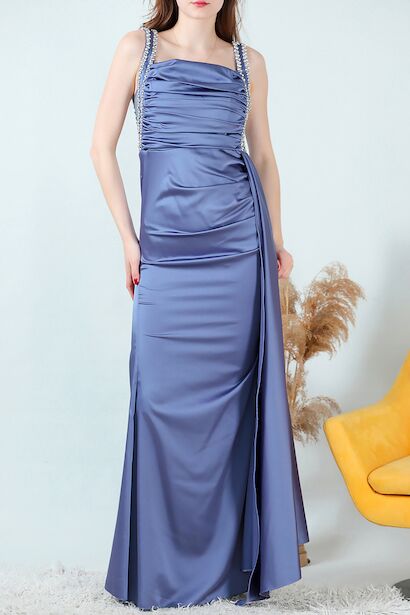 Kadın Taşlı Saten Uzun Abiye İndigo 6