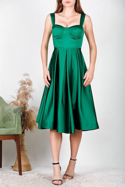 Kadın Saten İp Askılı Abiye Elbise Yeşil 6