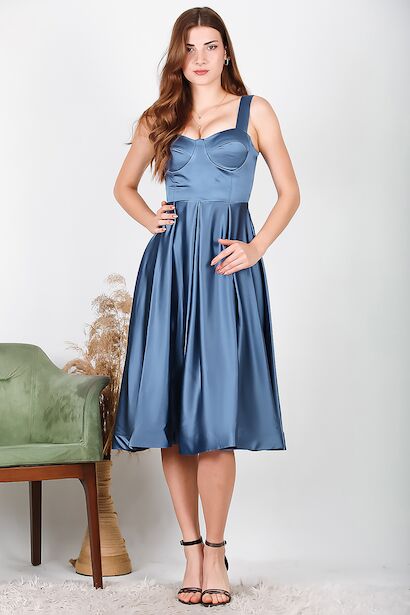 Kadın Saten İp Askılı Abiye Elbise  İndigo 6