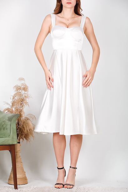 Kadın Saten İp Askılı Abiye Elbise Beyaz 6