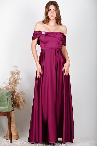 Kadın Taşlı Saten Abiye  Mürdüm 6