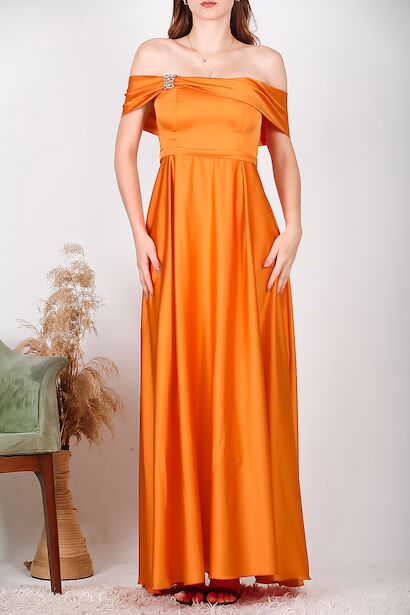 Kadın Taşlı Saten Abiye Turuncu 6