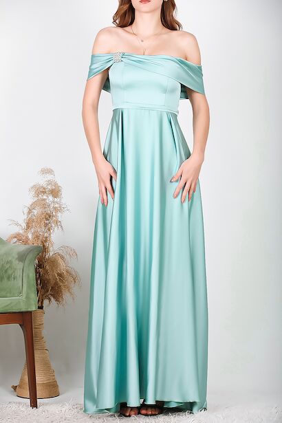 Kadın Taşlı Saten Abiye  Mint 6