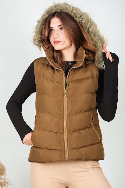 Kadın Kapşonlu Kısa Şişme Yelek  Taba 6