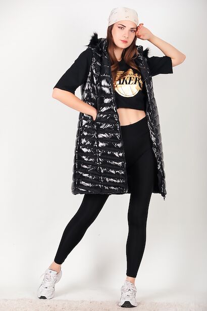 Kadın Kapşonlu Uzun Parlak Yelek 