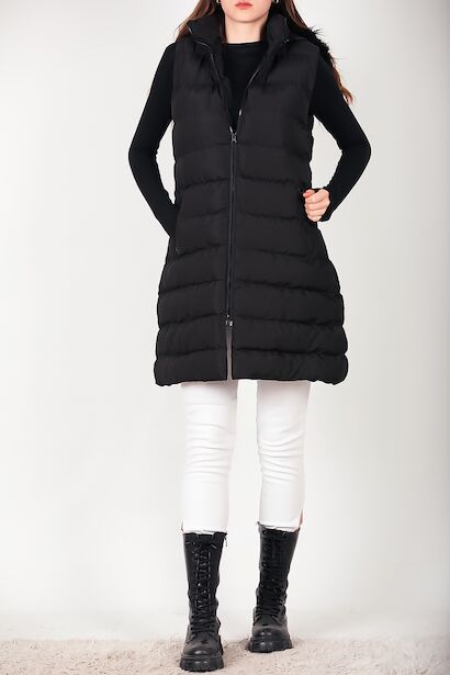 Kadın Kapşonlu Kürklü Uzun Şişme Yelek  Siyah 6