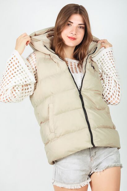 Kadın Kapşonlu Şişme Yelek  Krem 6