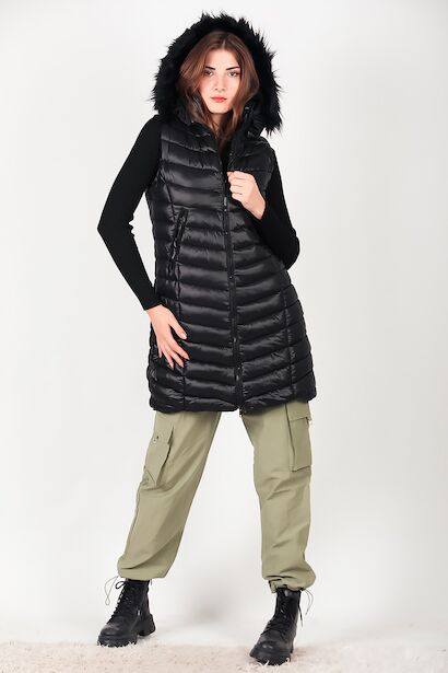 Kadın Kürklü Kapşonlu Şişme Yelek 