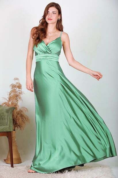 Kadın Uzun Saten Abiye  Yeşil 6