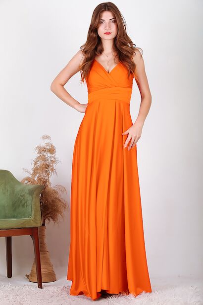 Kadın Uzun Saten Abiye Turuncu 6