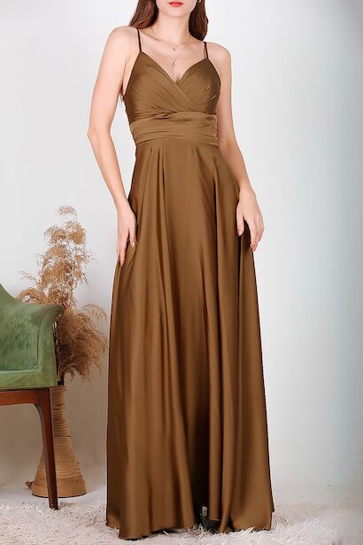 Kadın Uzun Saten Abiye  Kahverengi 6